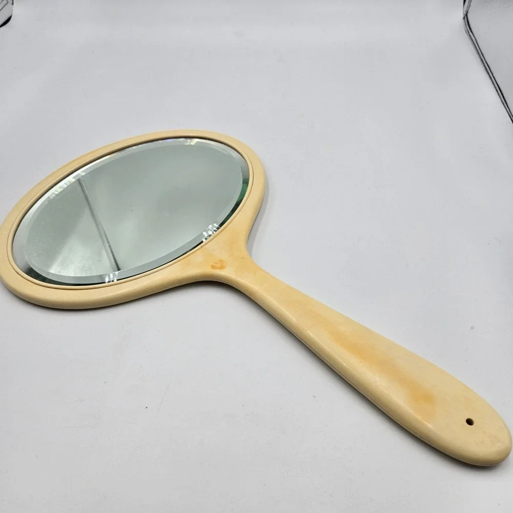 Antique French Ivory Celluloid‎ Hand Mirror Beveled Glass Vanity Art Deco 1920s